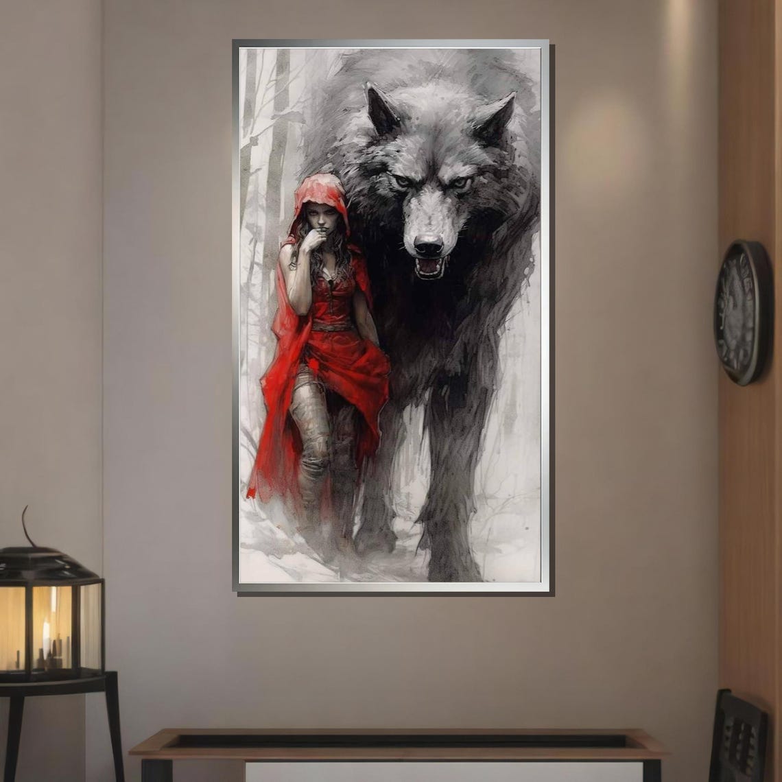 Red Riding Hood and Giant Wolf Snowy Forest Dark Fairytale Art Poster - Image 3
