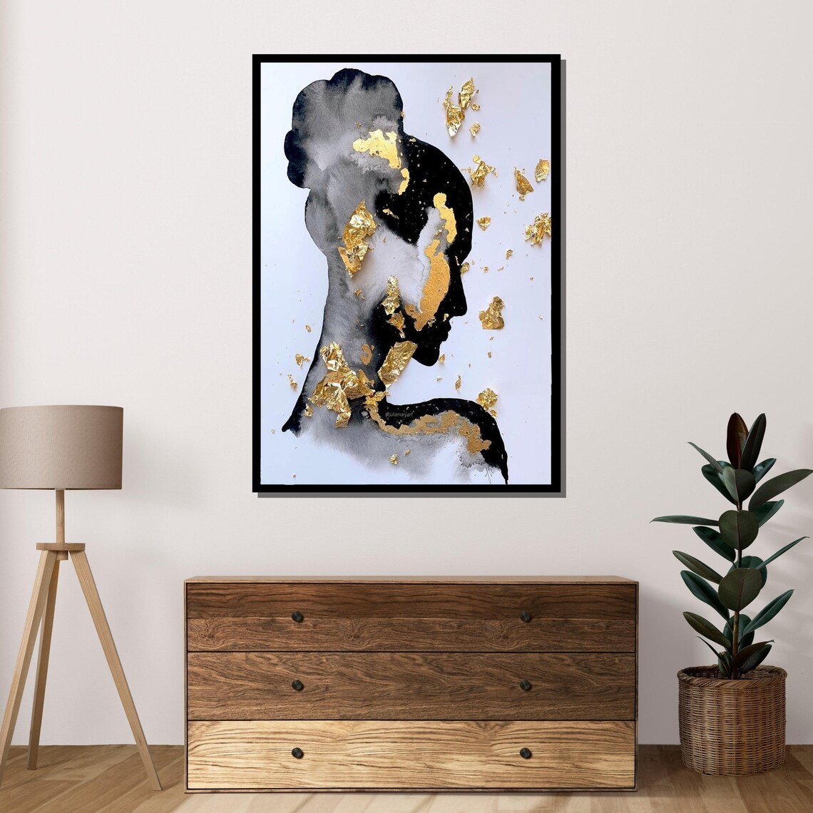 Golden Silhouette Woman Profile Gold Leaf Black Watercolor Art Poster - Image 4