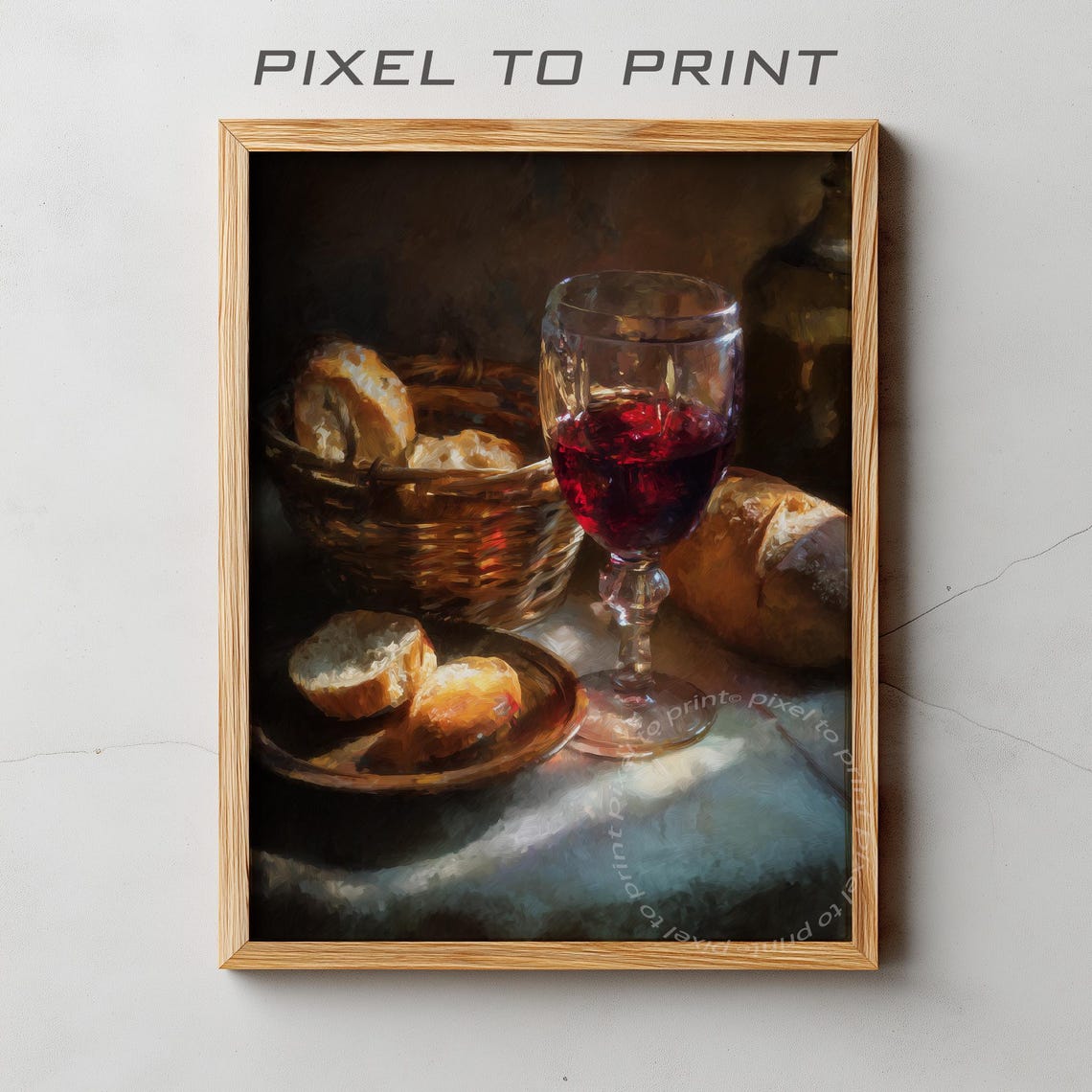 Vintage Red Wine Glass And Bread Basket Rustic Still Life Poster