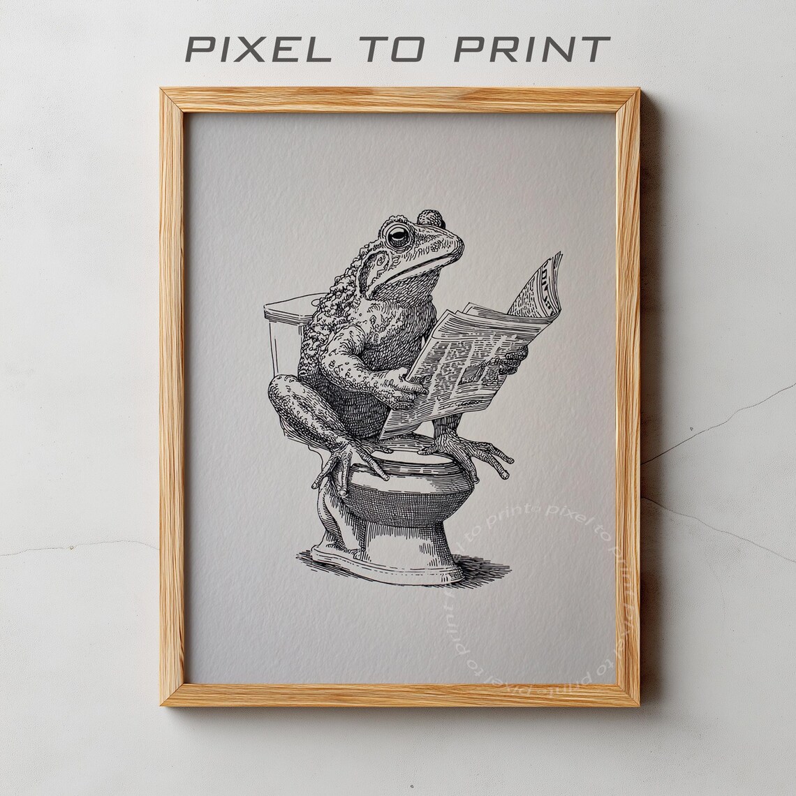 Funny Frog On Toilet Reading Newspaper Vintage Line Art Poster