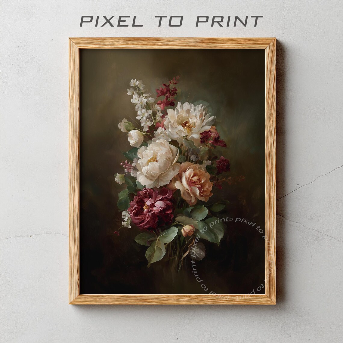 Moody White Peony Pink Rose Antique Oil Floral Bouquet Poster