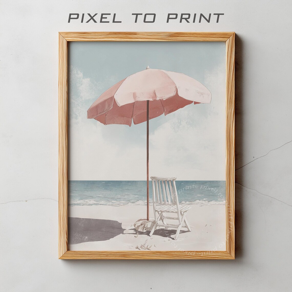 Pink Beach Umbrella and Chair Watercolor Coastal Poster Relaxing