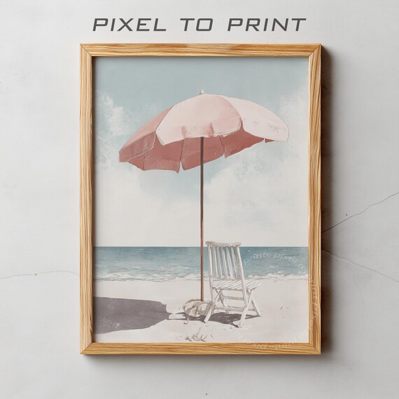 Pink Beach Umbrella and Chair Watercolor Coastal Poster Relaxing