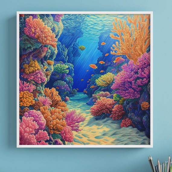 Vibrant Underwater World Patel Artwork Square Canvas Print Colorful Pink Orange Coral Reef Bold Ready To Hang Wall Decor For Bedroom