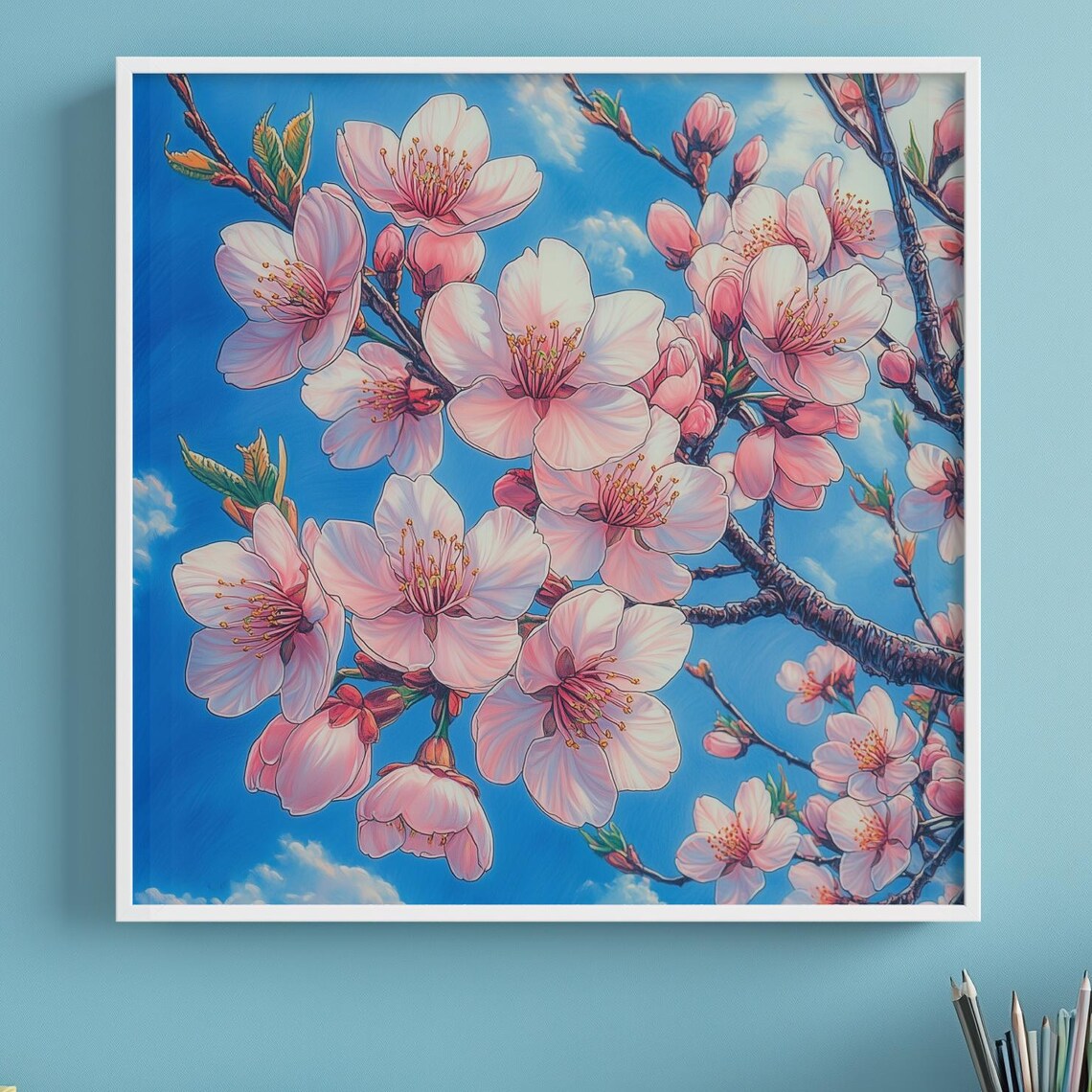 Cherry Blossom Branches Pink Flowers Blue Sky Floral Painting Poster