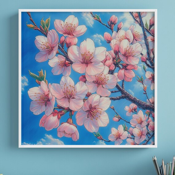 Cherry Blossom Branches Pink Flowers Blue Sky Floral Painting Poster