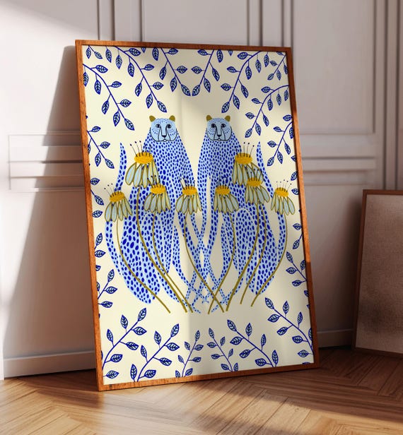 Blue Cheetahs Art Print, Animal Illustration