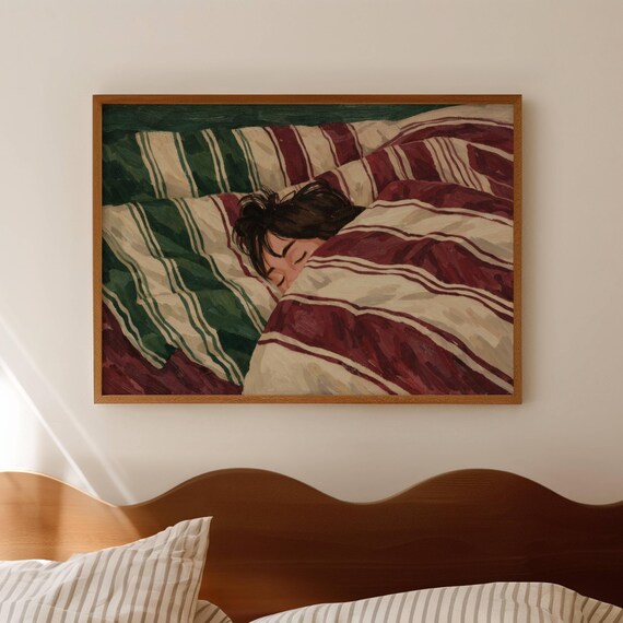 Sleeping Woman In Striped Bed Print Horizontal Above Wall Art Handdrawn Mid Century Bedroom Poster Retro Stay Oil Painting