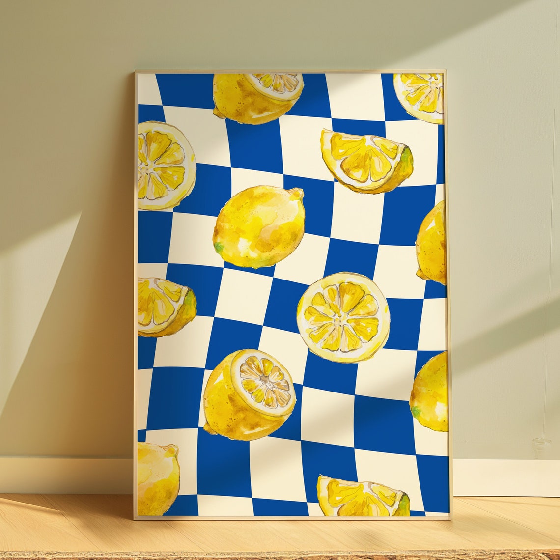 Sunny Lemon Checkerboard Blue And White Citrus Pattern Art Poster