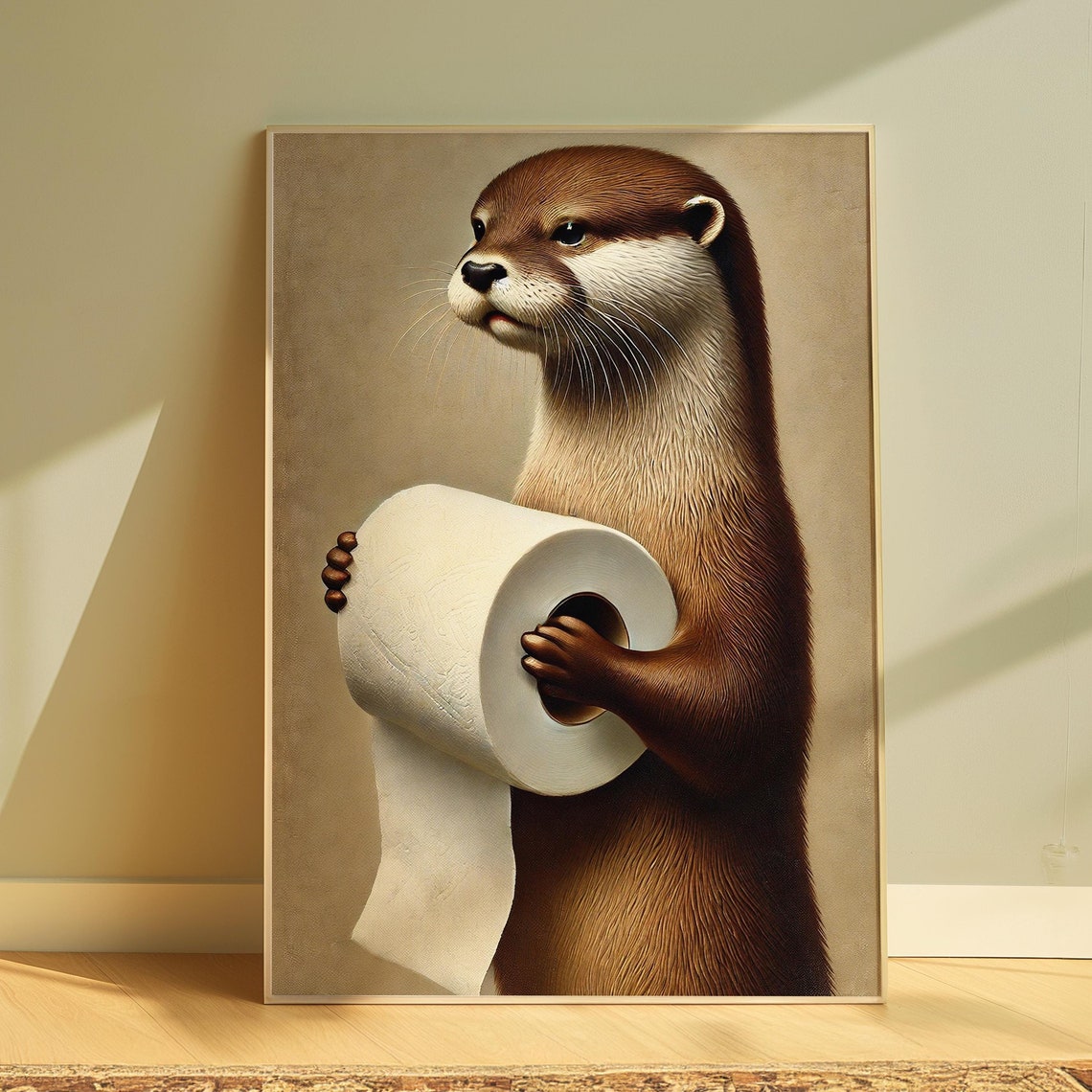 Cute Otter Holding Toilet Paper Roll Funny Bathroom Wall Art