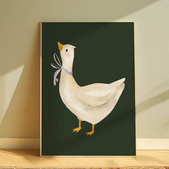 Silly White Goose with Lavender Bow Cute Watercolor Animal Poster