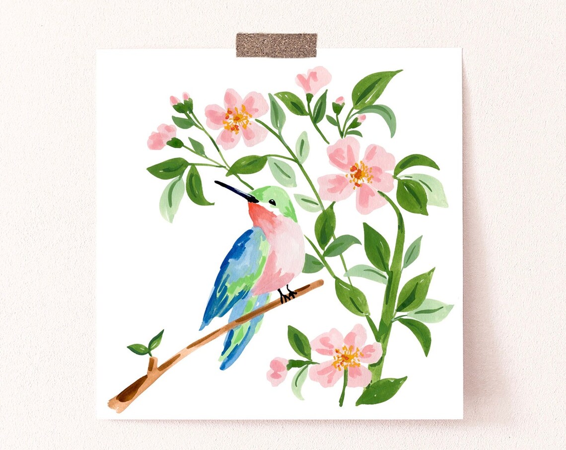 Hummingbird Watercolor Art Print, Floral Decor - Image 3