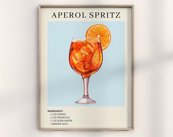 Aperol Spritz Blue Cocktail Illustration Recipe Bar Cart Decor Poster