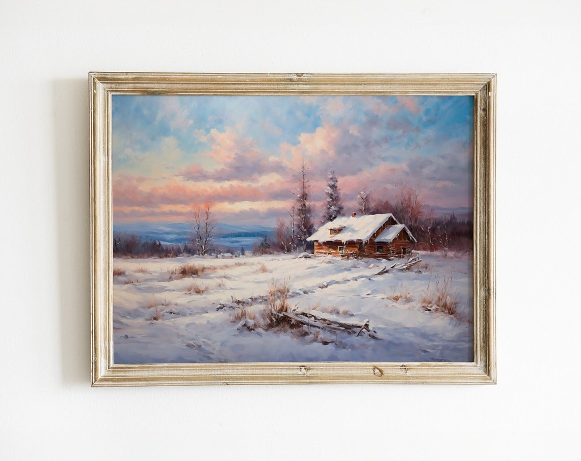 Snowy Log Cabin Winter Sunset Landscape Rustic Snowfall Decor Poster