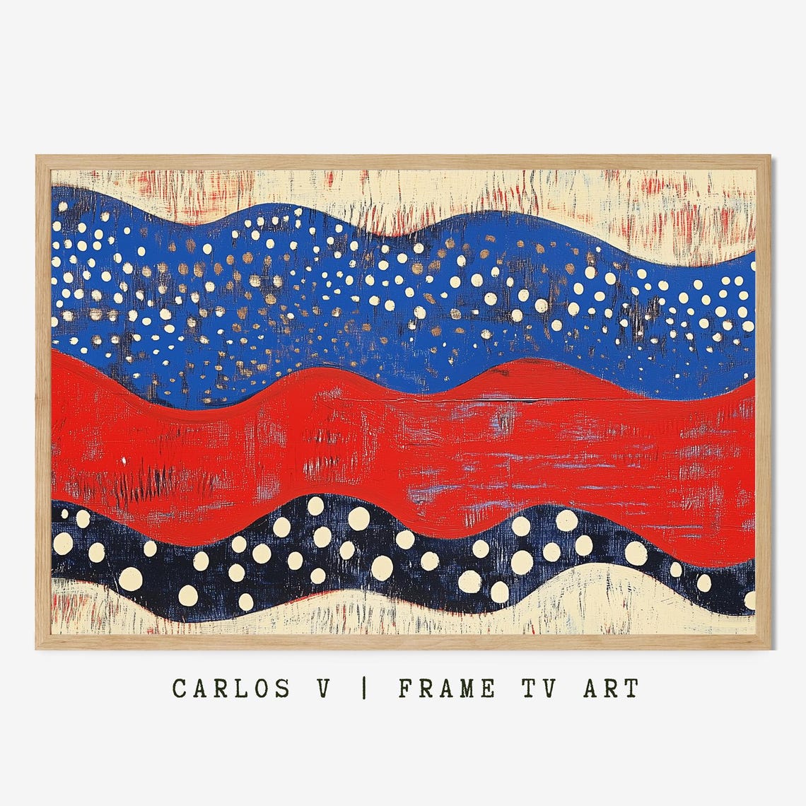 Bold Abstract Waves and Dotted Stripes Red Blue Retro Wall Art