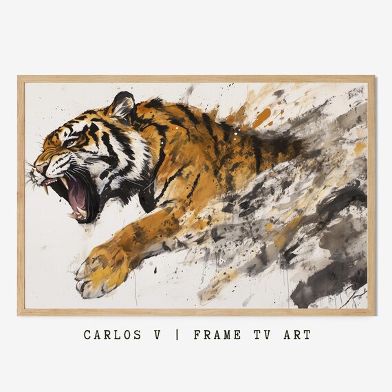 Charging Tiger Ink Wash Dynamic Black Gray Splash Art Poster