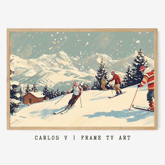Vintage Skiing Scene, Winter Ski Illustration