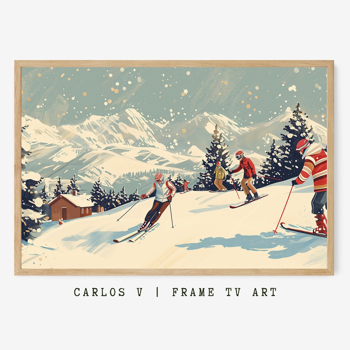 Vintage Skiing Scene, Winter Ski Illustration