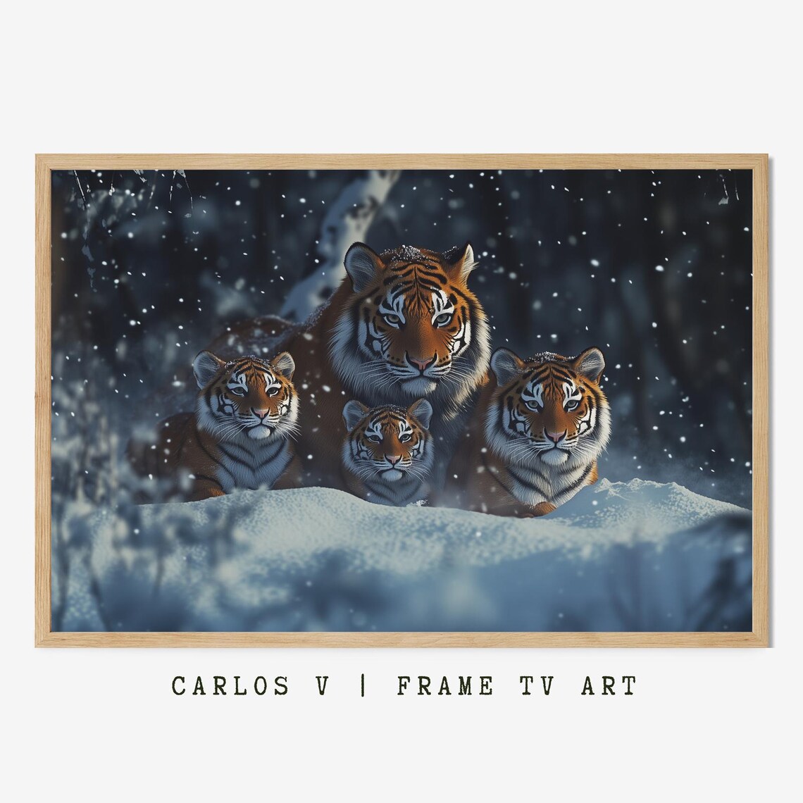Mother Tiger with Three Cubs in Snowy Forest Winter Wildlife Art Poster
