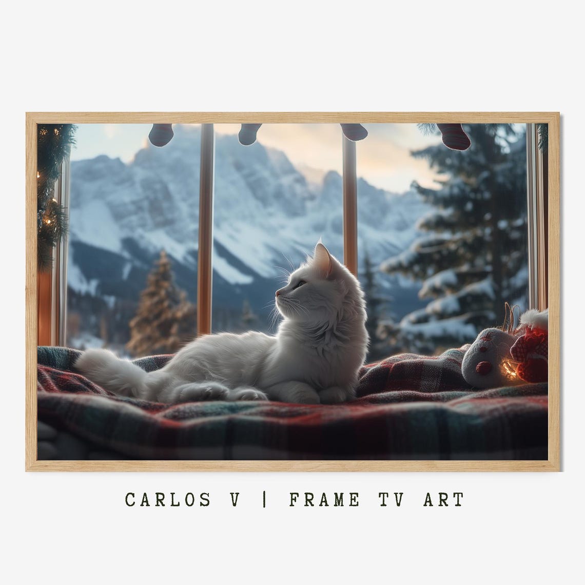 White Cat Resting By A Frosty Window Facing Snowy Mountains Poster