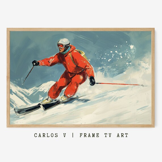 Vintage Skier Red Suit Downhill Powder Snow Painting Frame TV Art Poster