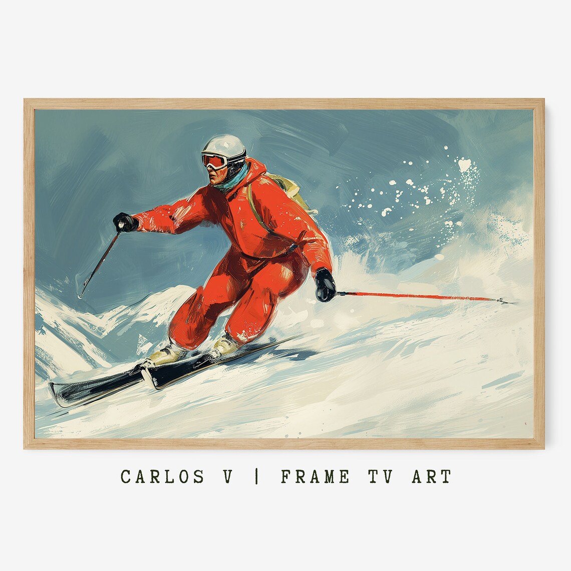 Vintage Skier Red Suit Downhill Powder Snow Painting Frame TV Art Poster
