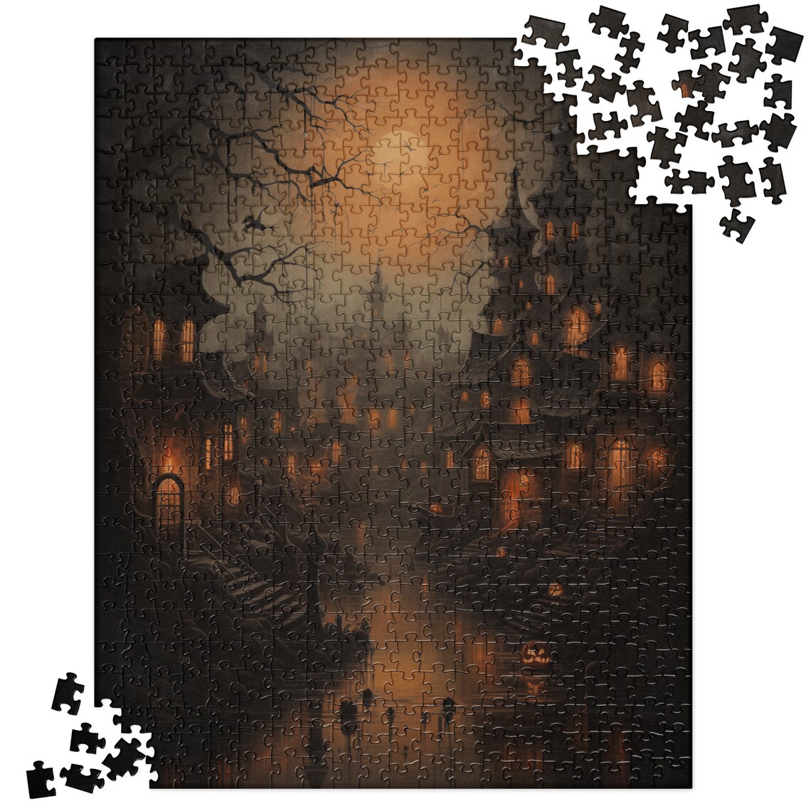 Misty Halloween Haunted Town Street Lamp Jigsaw Puzzle Poster - Image 2