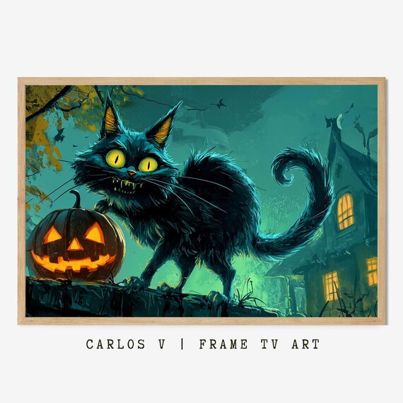 Spooky Black Cat With Glowing Eyes Beside A Jack O Lantern Poster