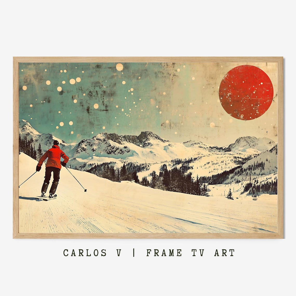 Red Sun Over Snowy Hills With Skier Vintage Winter Travel Poster