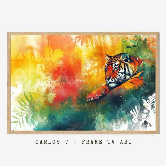 Resting Tiger Watercolor Splash Warm Jungle Foliage Art Poster