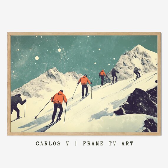 Group Of Skiers Climbing Steep Snowy Mountain Slope Ascent Poster