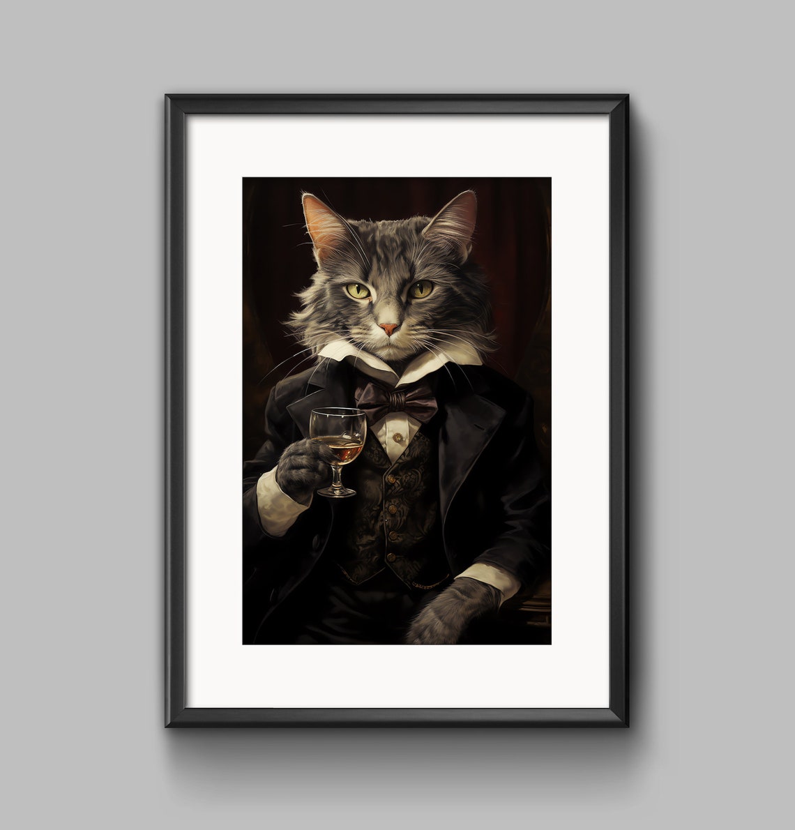 Gray Cat Drinking Whiskey Tuxedo Gentleman Vintage Oil Painting Poster - Image 2