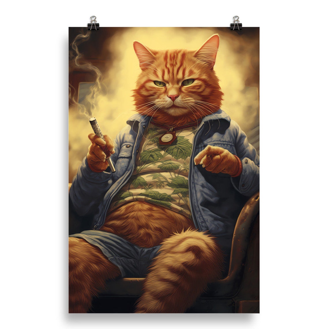 Chubby Ginger Cat Smoking Cigar Denim Jacket Funny Cat Portrait Poster - Image 2