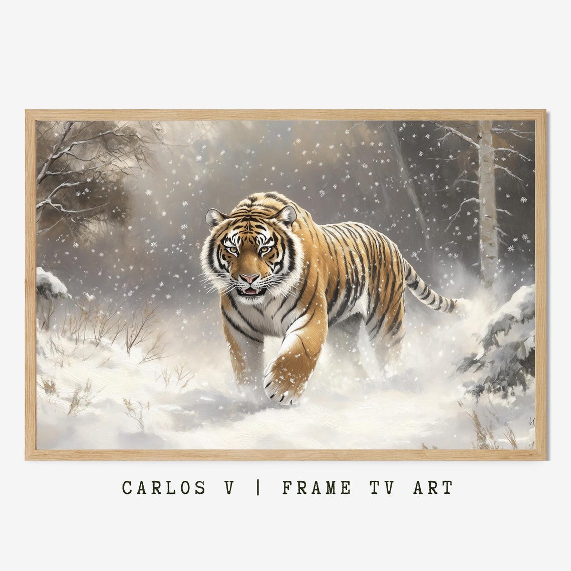 Tiger Walking Through Falling Snow in Winter Forest Art Poster