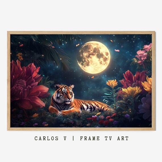 Tiger Among Tropical Flowers Under Full Moon Night Sky Poster