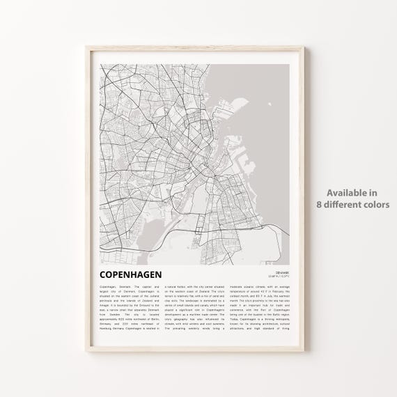 Copenhagen Map Print Travel Wall Decor Art Housewarming Gift