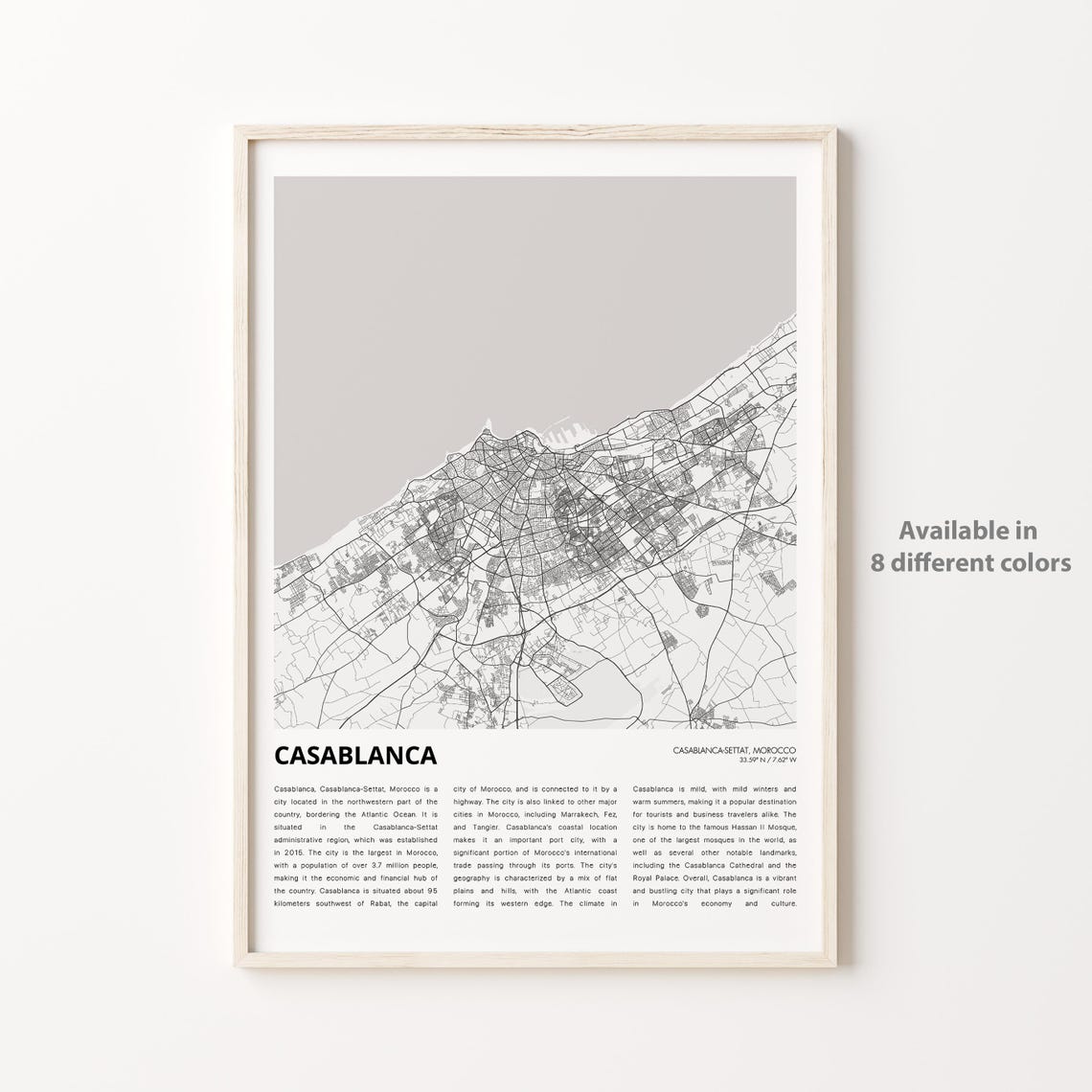 Casablanca Map Print Travel Wall Decor Art Casablancasettat Housewarming Gift