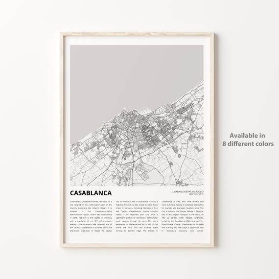 Casablanca Map Print Travel Wall Decor Art Casablancasettat Housewarming Gift