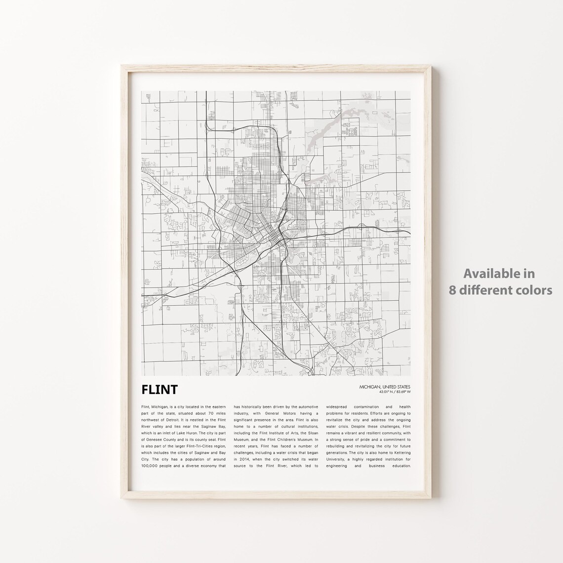Flint Michigan Black and White Street Map Minimalist Wall Art