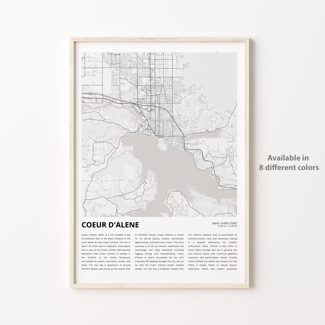 Coeur d'Alene Idaho Minimalist City Map Black and White Poster