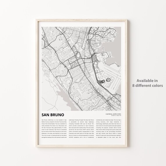 San Bruno California City Street Map Line Art Travel Decor Poster