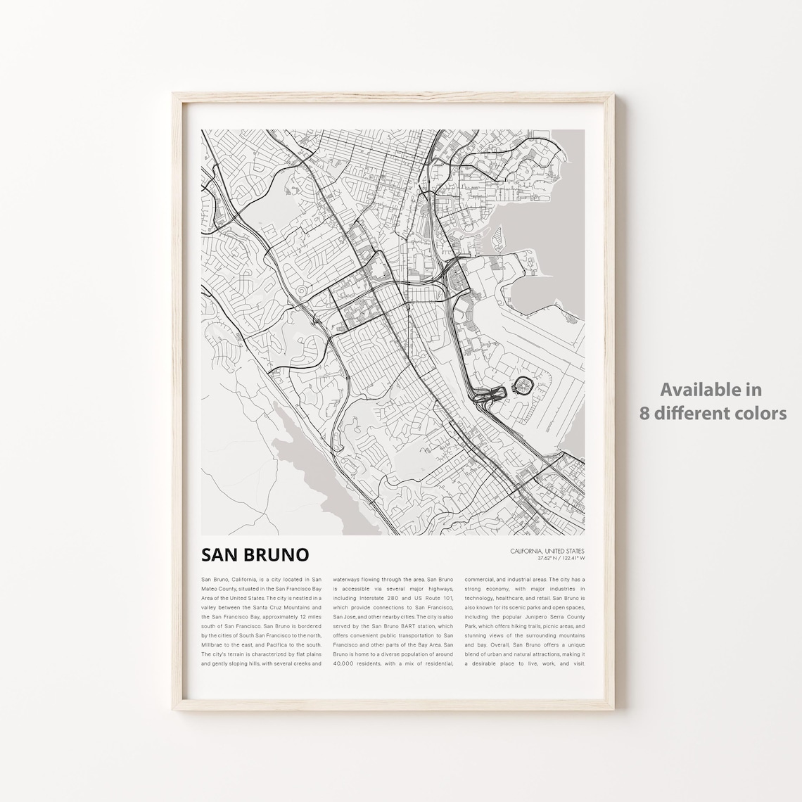 San Bruno California City Street Map Line Art Travel Decor Poster