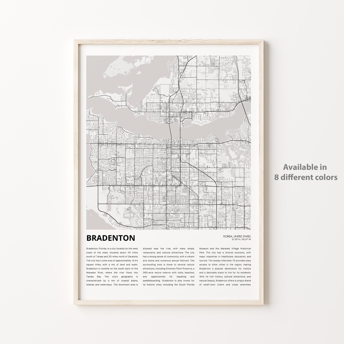 Bradenton Florida Minimalist Black And White City Street Map Print