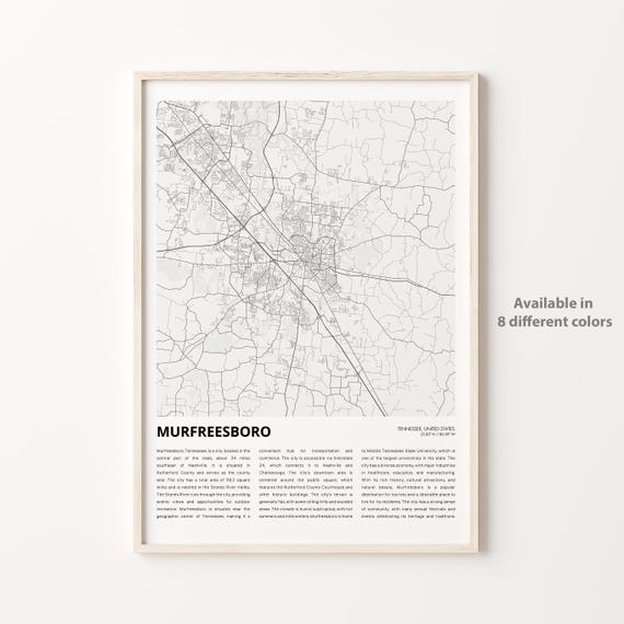 Murfreesboro Map Print Travel Wall Decor Art Tennessee Housewarming Gift
