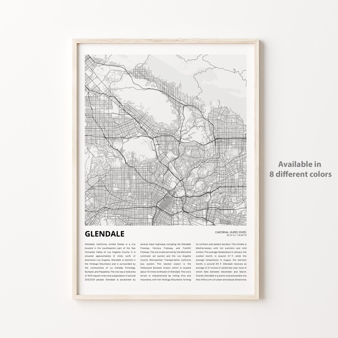 Glendale California Minimalist City Map Street Line Art Poster