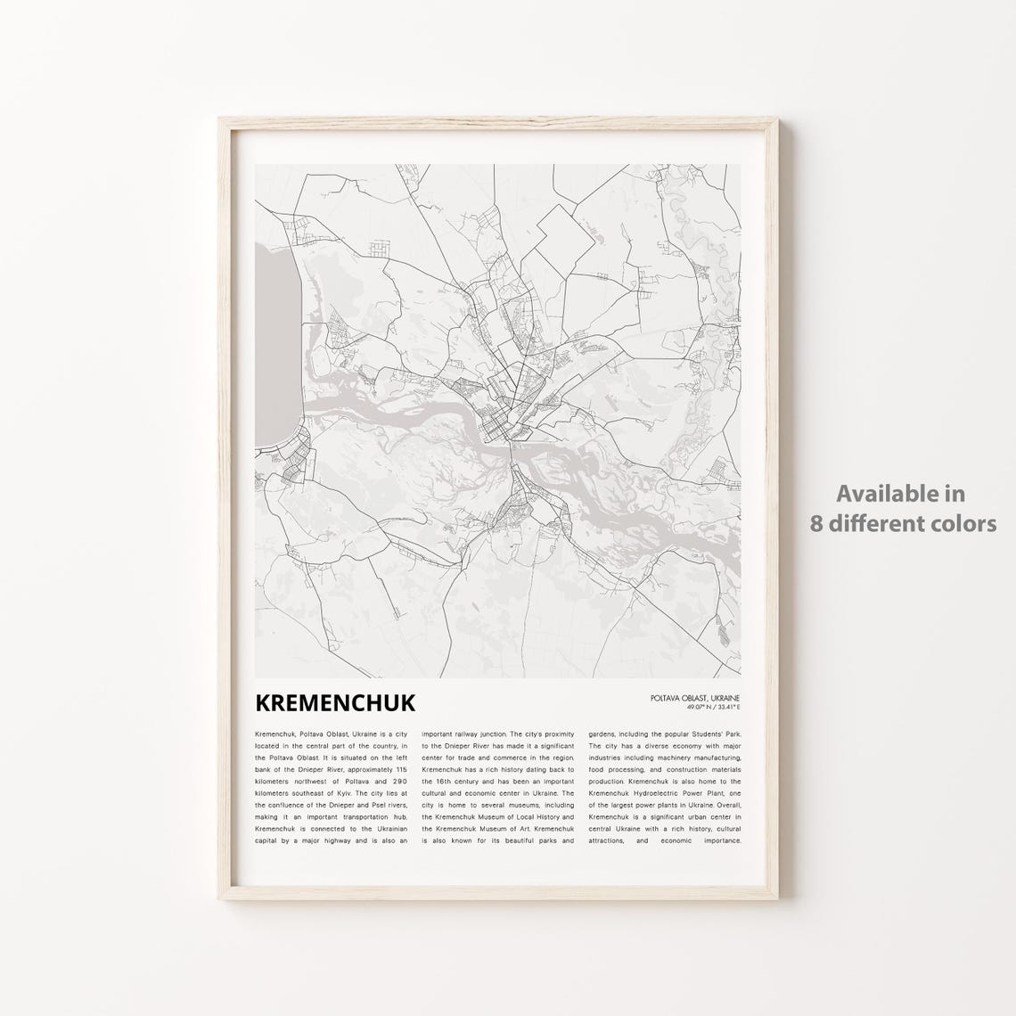 Kremenchuk Poltava Oblast Ukraine Dnipro River Gray Map Poster