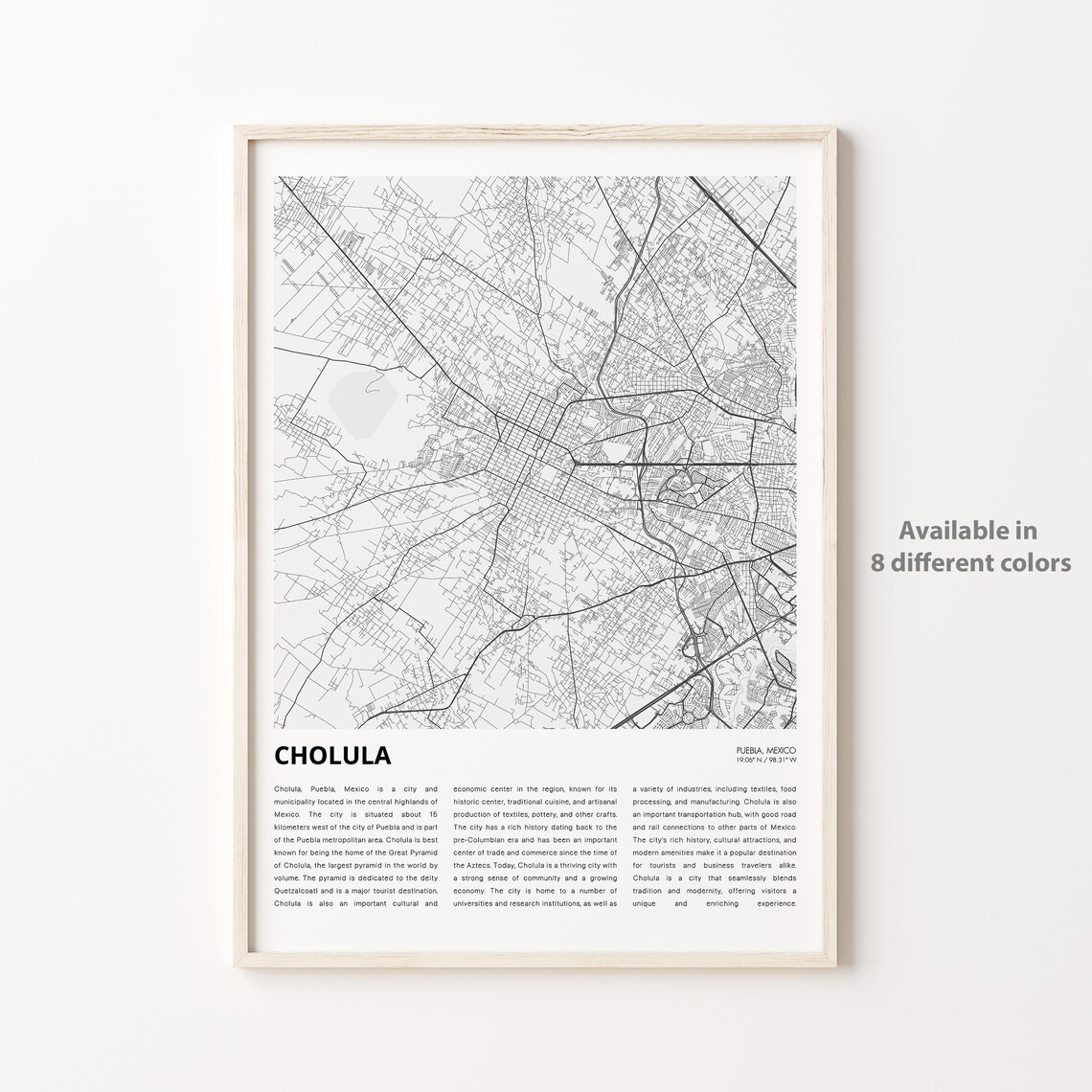 Cholula Mexico City Street Map Black White Minimalist Travel Poster
