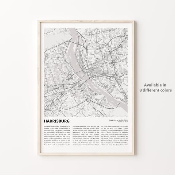 Harrisburg Map Print Travel Wall Decor Art Pennsylvania Housewarming Gift