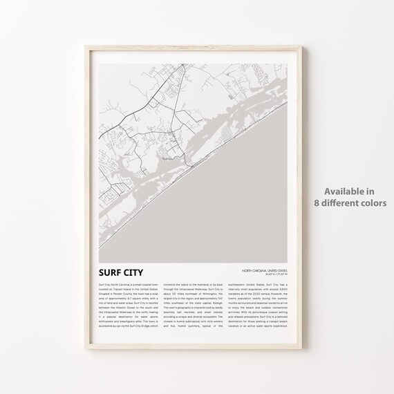 Surf City North Carolina Map Minimalist Coastal Travel Poster