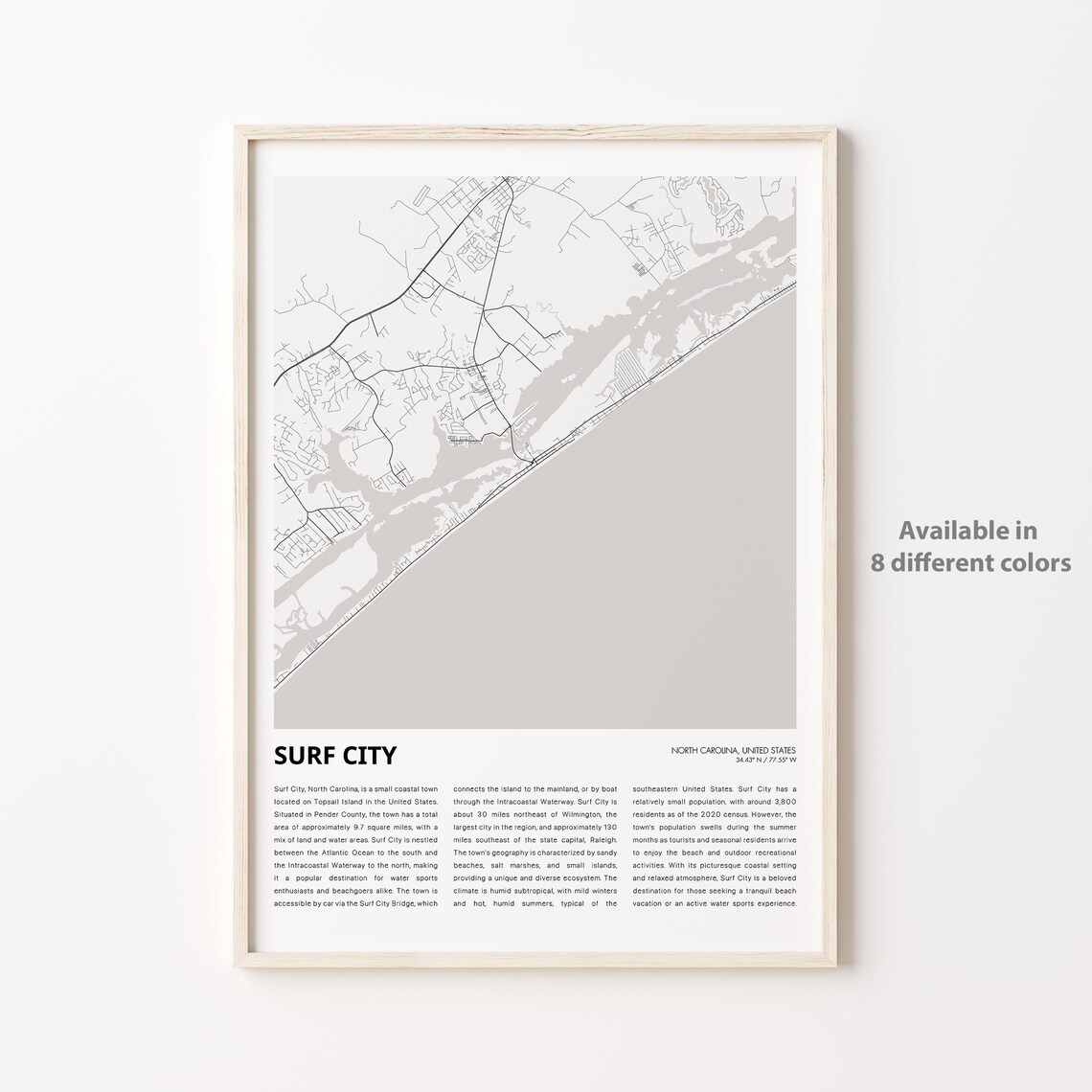 Surf City North Carolina Map Minimalist Coastal Travel Poster